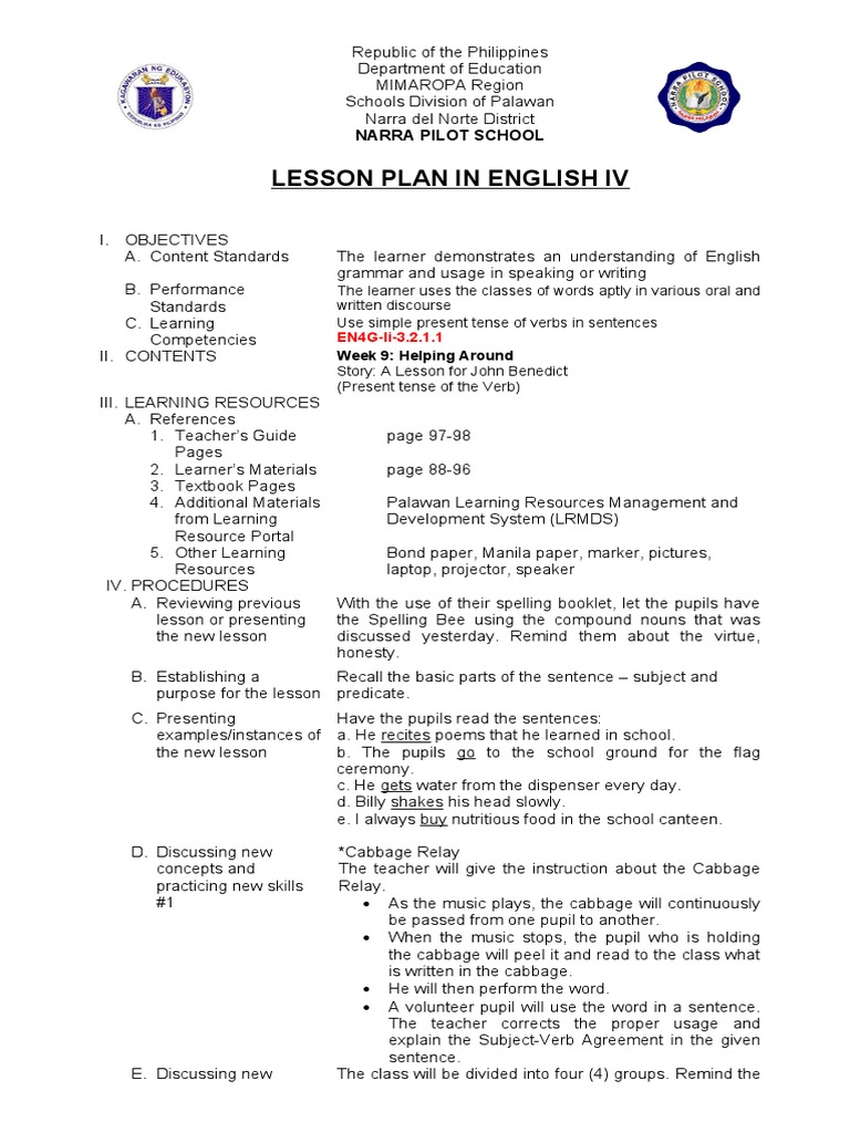Lesson Plan in English Iv: Narra Pilot School | PDF | English Language ...