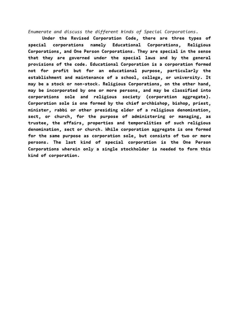 Different Kinds of Special Corporations PDF