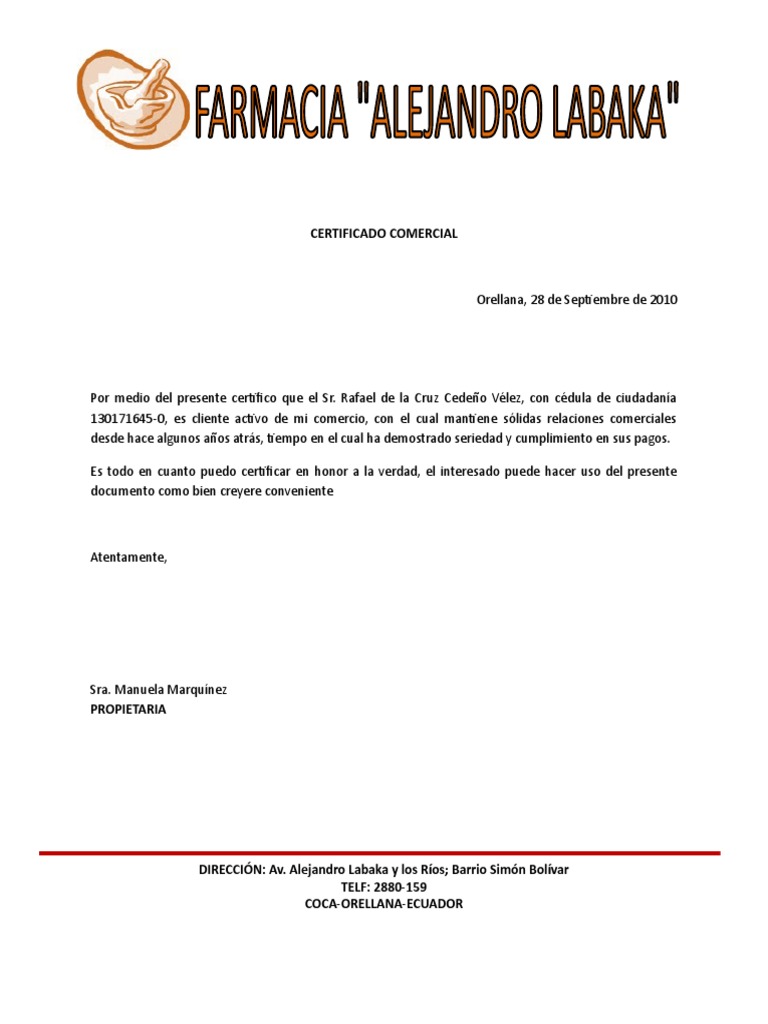 Modelo certificado comercial para cliente