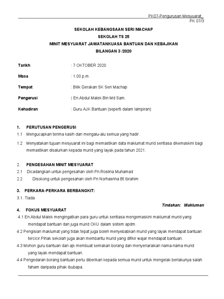 Minit Mesyuarat Bantuan Dan Kebajikan Ke 3 2020 Pdf