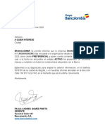 Carta de referencia bancaria para empresa cliente preferencial de Bancolombia