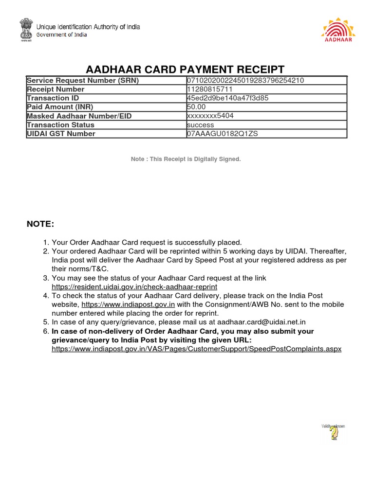Aadhaar Card Payment Receipt | PDF