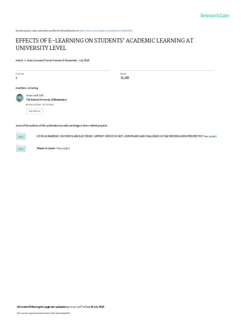 Effects of E-Learning On Students' Academic Learning at University ...