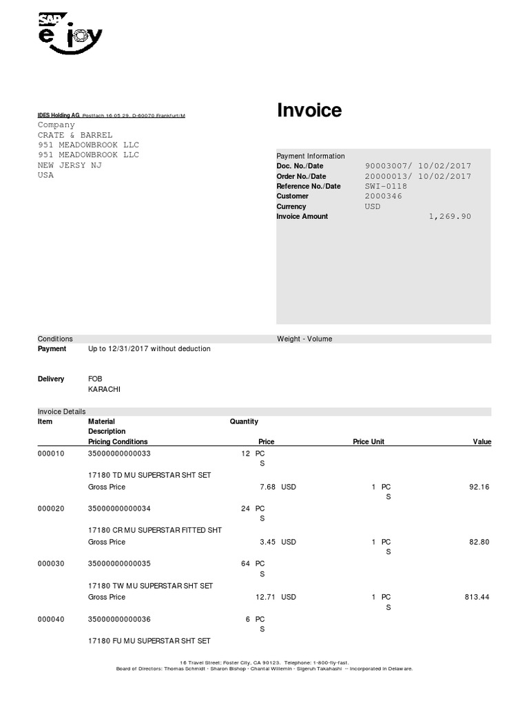 Invoice: Company Crate & Barrel 951 Meadowbrook LLC 951 Meadowbrook LLC New  Jersy NJ USA | PDF | Economies | Business
