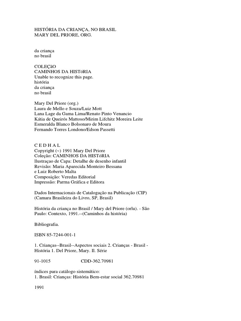 Del Priore Mary História Da Criança No Brasil Pdf Pdf