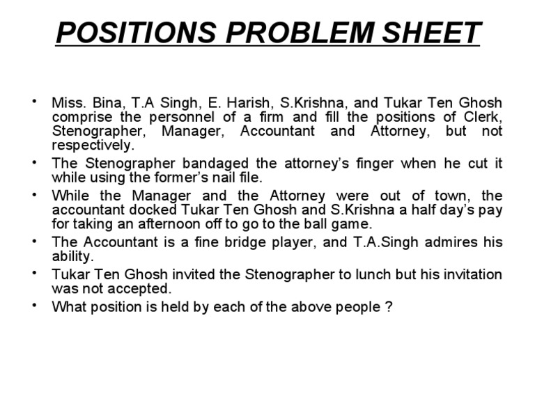 Positions Problem Sheet | PDF