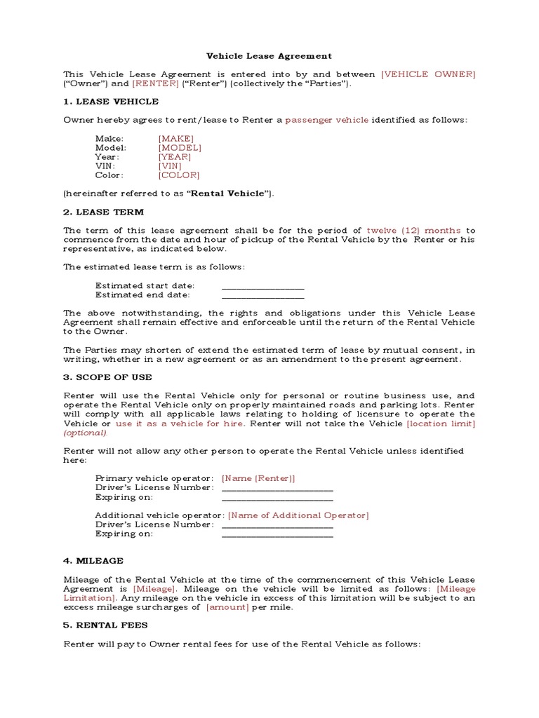 Vehicle Lease Agreement Template | PDF | Renting | Lease
