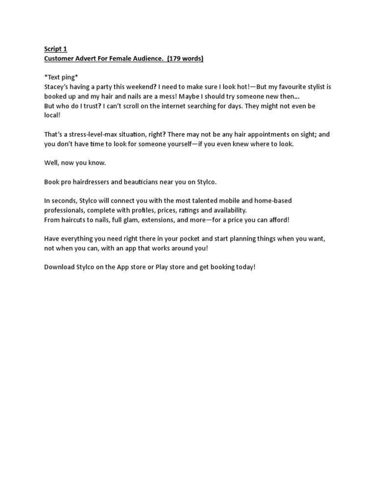 Script 1 Customer Advert For Female Audience. (179 Words) | PDF ...