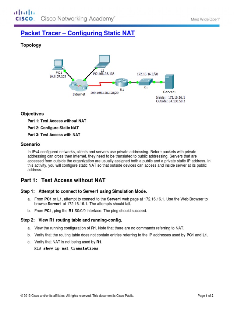 9.2.1.4 Packet Tracer - Configuring Static NAT | PDF