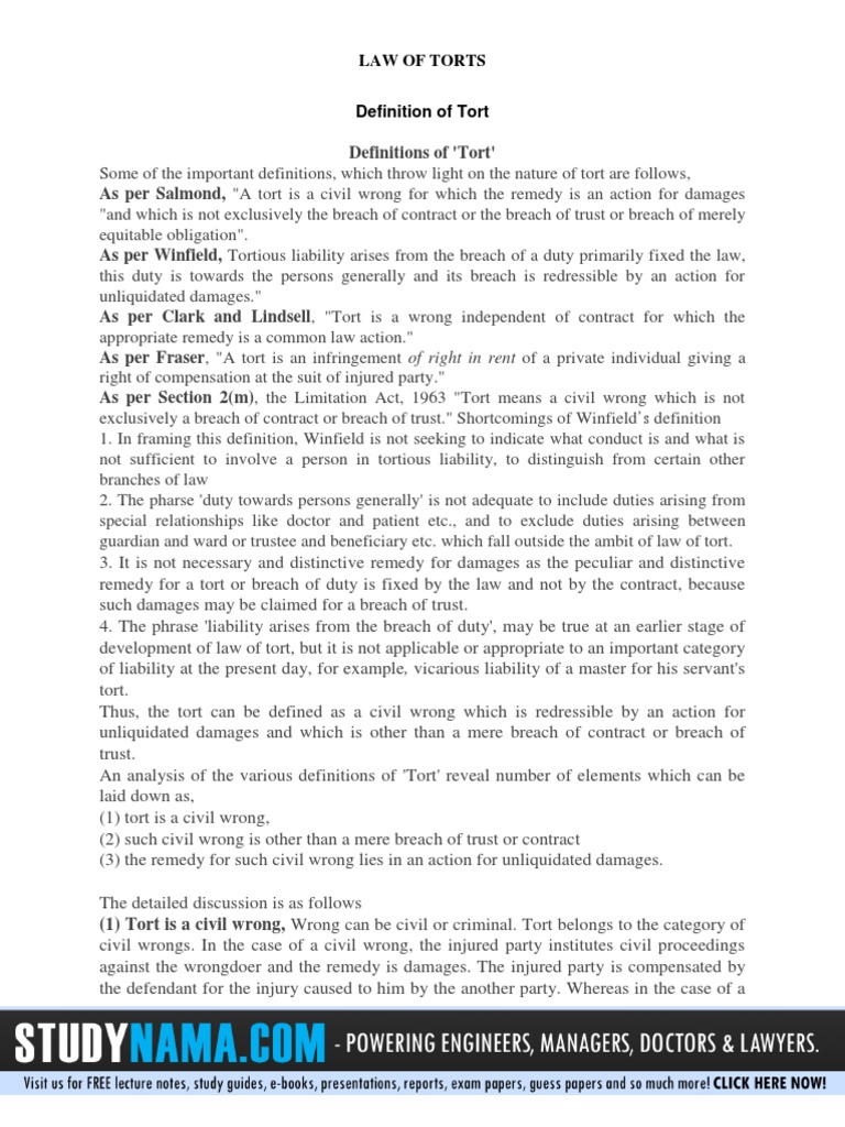 Law of Torts: Key Concepts and Definitions | PDF | Tort | Legal Remedy