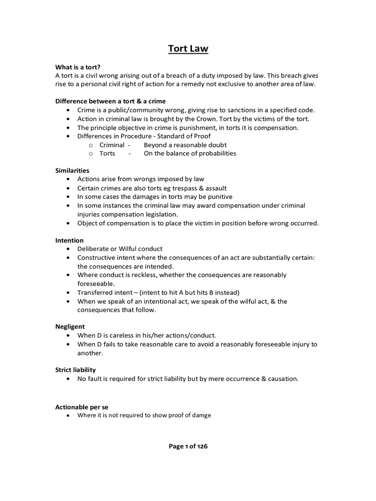 Law Of Torts Llb Study Notes Pdf Pdf Tort Trespass