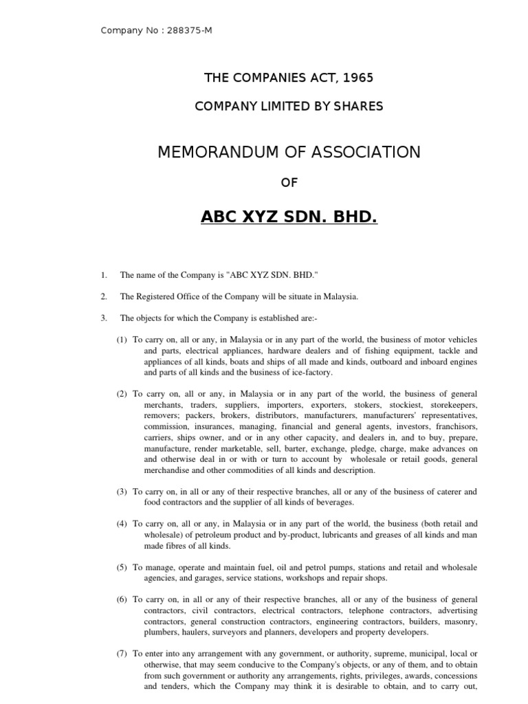 Memorandum & Article of Association, Companies Act 1965 Securities