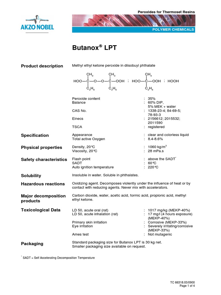 Butanox LPT: MEKP for Thermoset Resins | PDF | Hydrogen Peroxide | Ketone