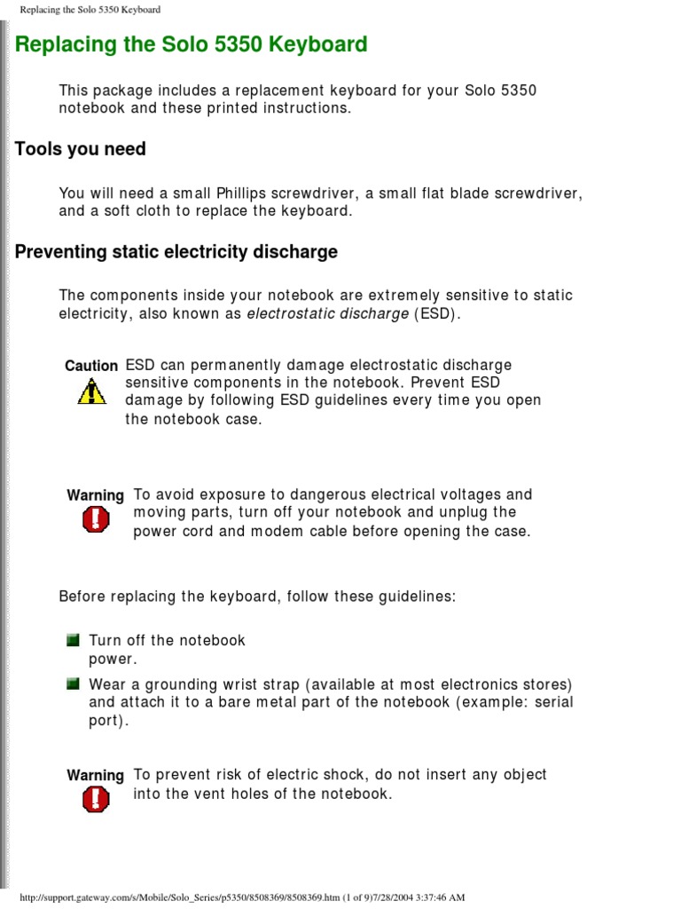 Solo 5300 5350 Remove Replace Keyboard PDF Electrostatic Discharge