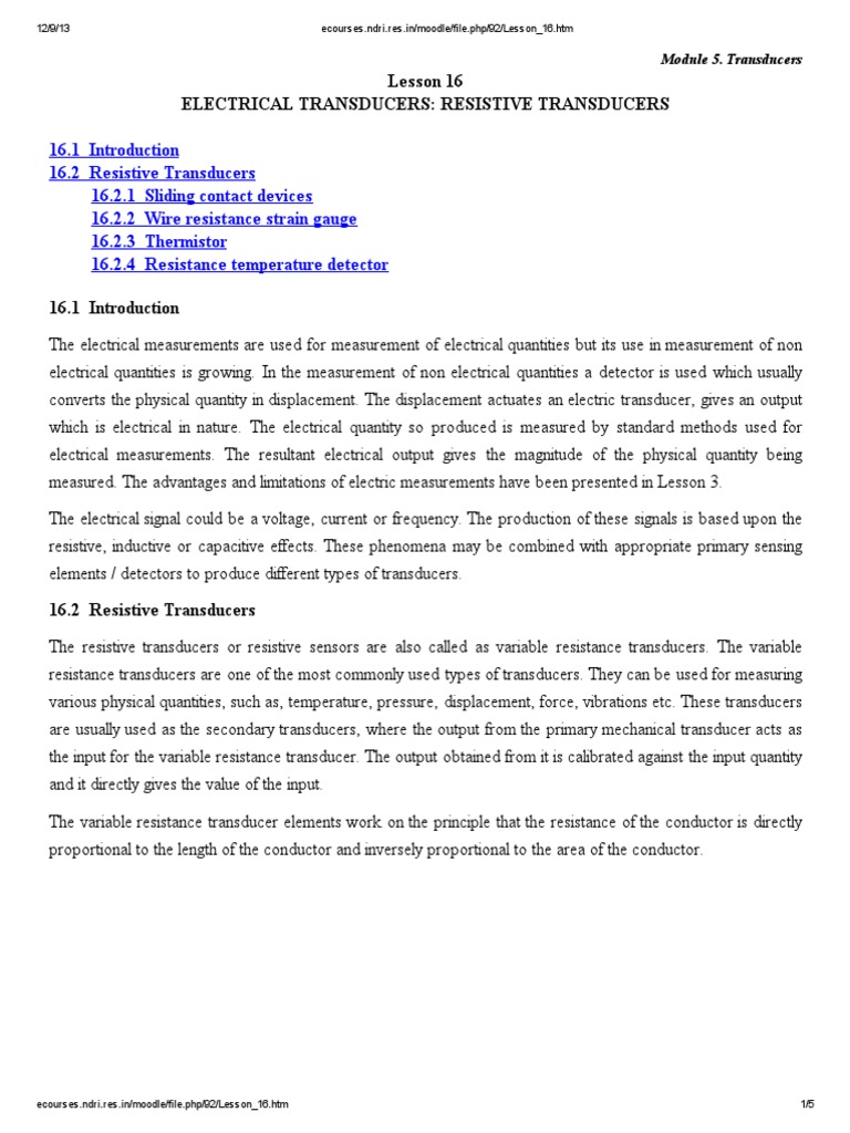 16 Electrical Transducers Resistive Transducers PDF Electrical