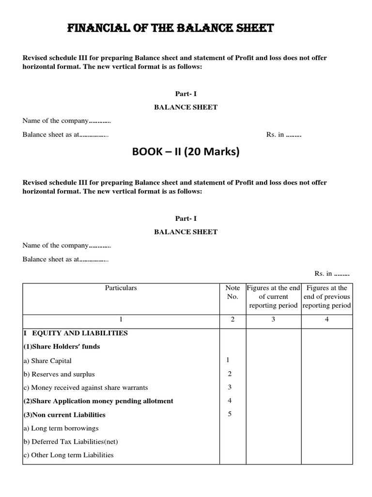 Financial of The Balance Sheet: BOOK - II (20 Marks) | PDF | Balance ...