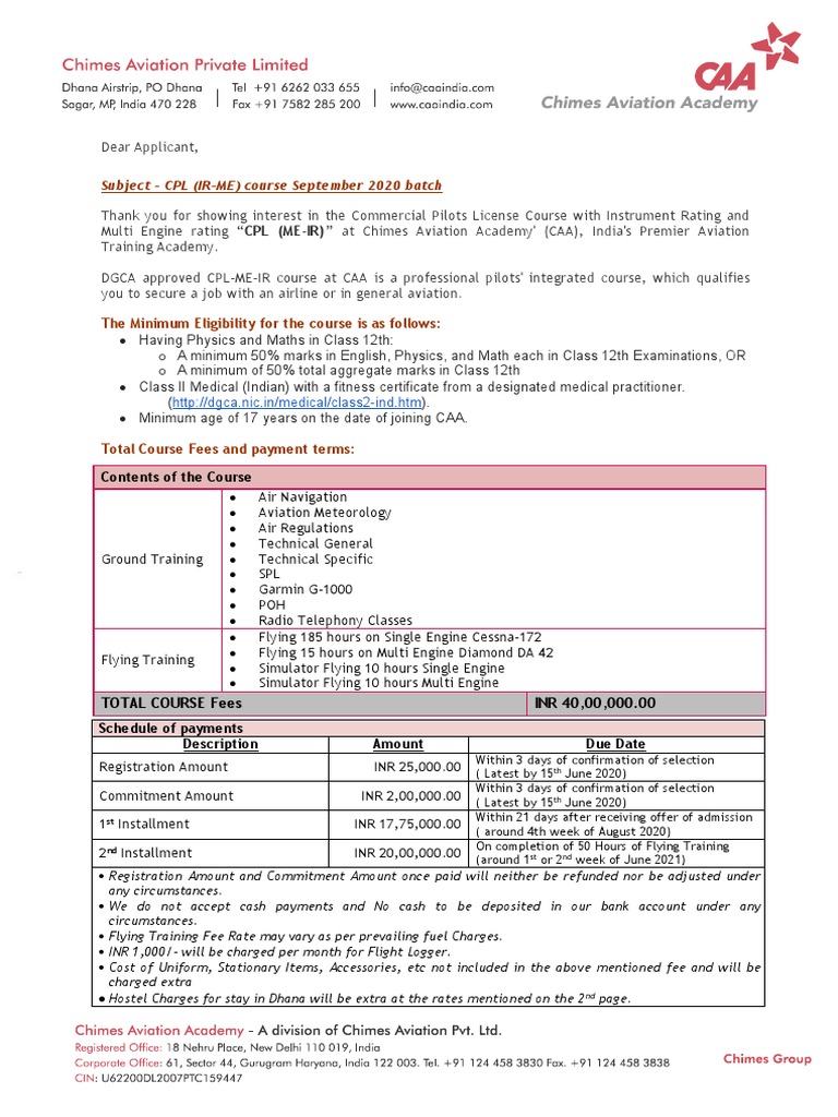 CAA CPL - IR-ME - Fee Structure For September 2020 Batch PDF | PDF ...