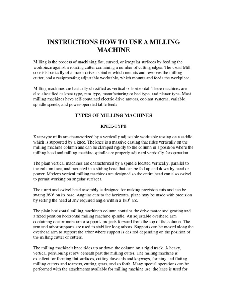 Instructions How To Use A Milling Machine Types of Milling Machines