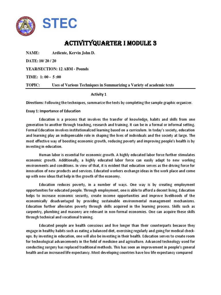Stec SHS Study Note Book: Activityquarter I Module 3 | PDF | Poverty ...