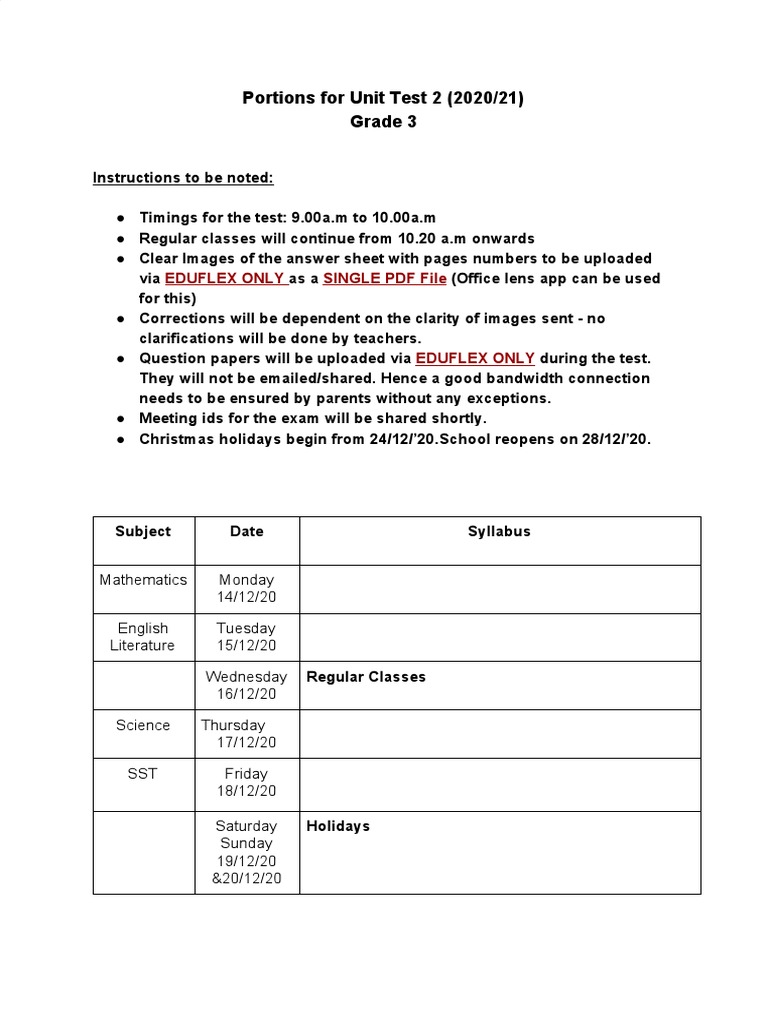 Grade 3-5 Unit Test 2 Schedule 2020/21 | PDF | Test (Assessment) | Learning