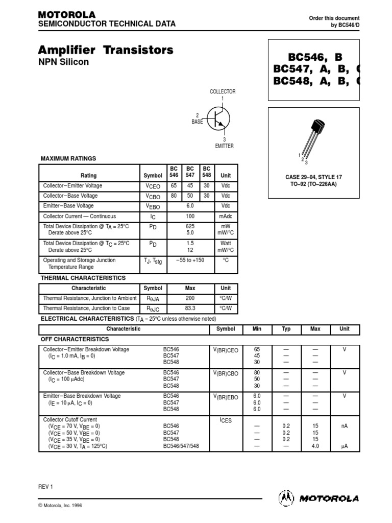 Key Electrical Characteristics and Ratings of the BC546/BC547/BC548 NPN Silicon Transistor