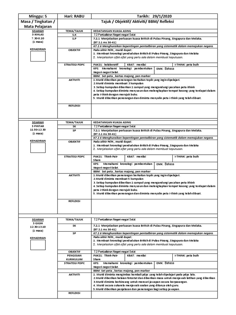 Minggu 5 Hari Rabu Tarikh 29 1 2020 Masa Tingkatan Mata Pelajaran Tajuk Objektif Aktiviti Bbm Refleksi Pdf