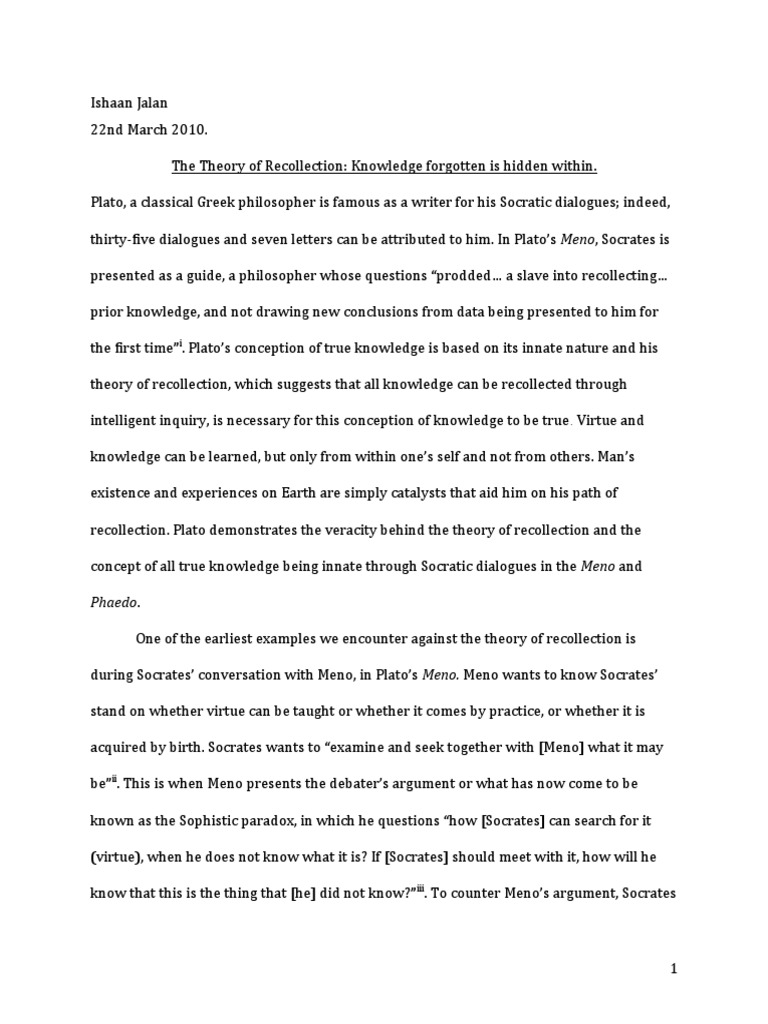 An Essay On Plato's Theory of Recollection PDF