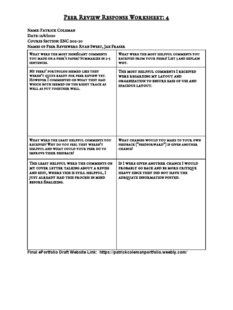 Peer Review Response Worksheet Summary | PDF
