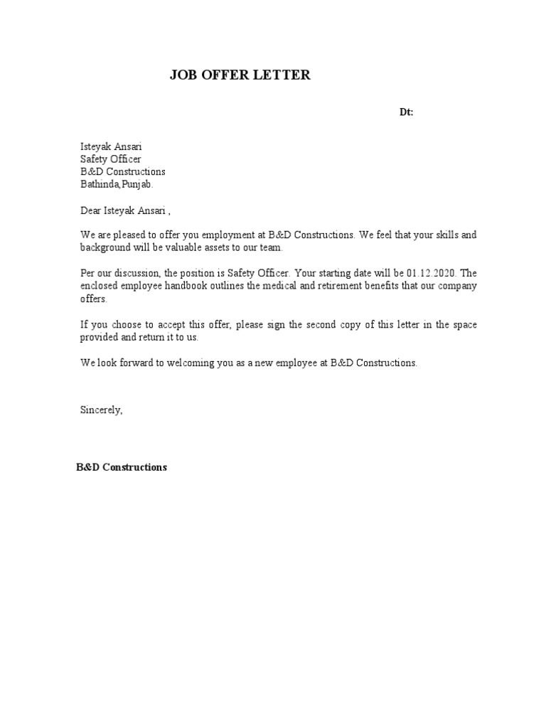Job Offer Letter for Safety Officer | PDF