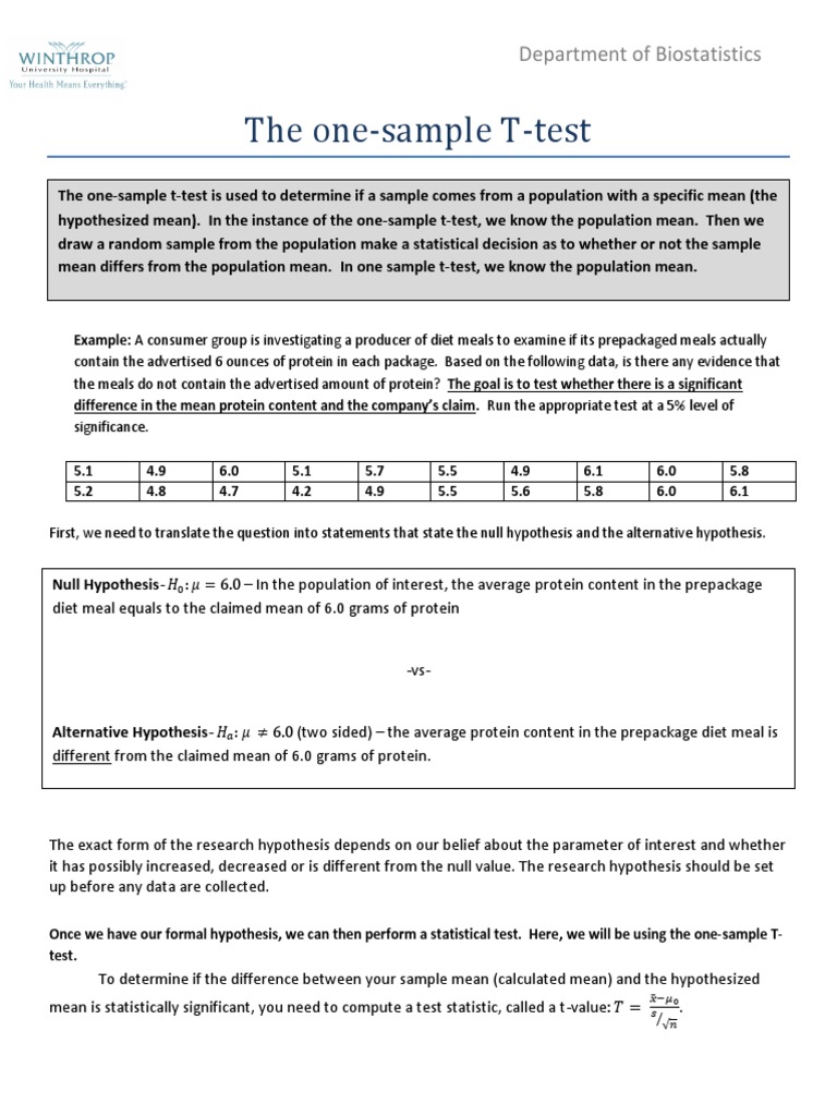 The One-Sample T-Test: Department of Biostatistics | PDF | P Value ...