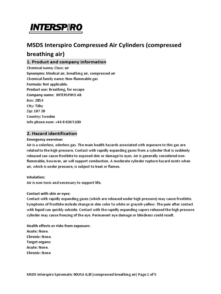 MSDS Interspiro Compressed Air Cylinders Breathing Air) Download Free PDF Fires