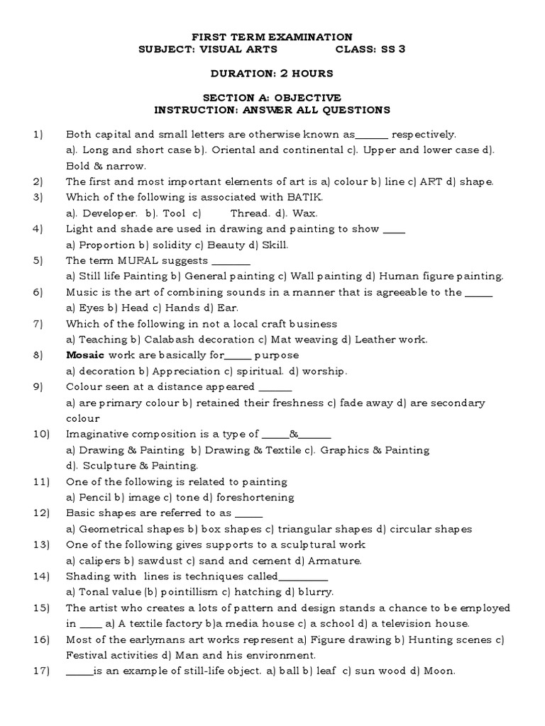 SS3 Visual Arts Exam Questions | PDF | Paintings | Drawing