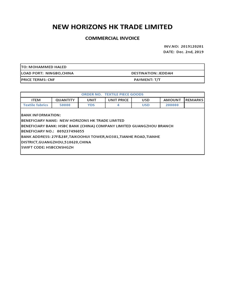 New Horizons HK Trade Limited Commercial Invoice PDF