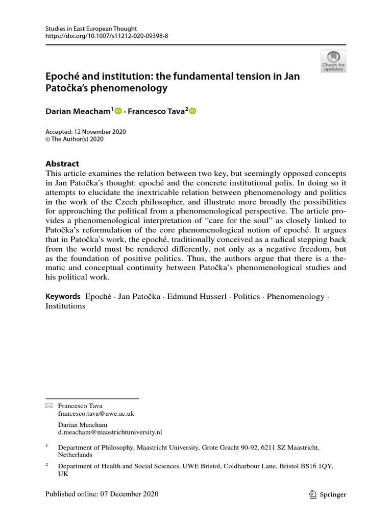Epoché and Institution: The Fundamental Tension in Jan Patočka's ...