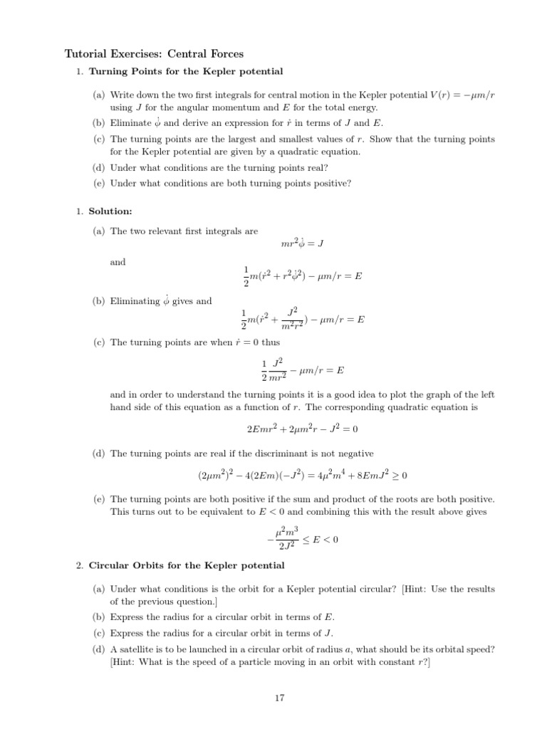 Tutorial Exercises: Central Forces | PDF | Orbit | Lagrangian Mechanics