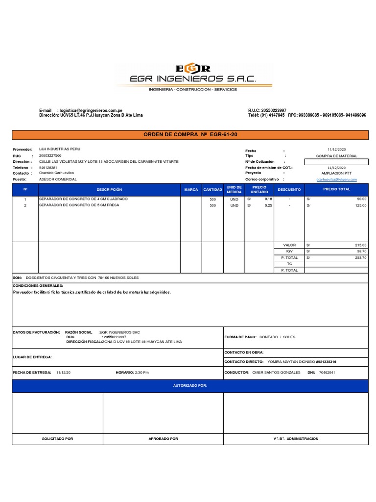 Orden de Compra Materiales Construcción | PDF | Business