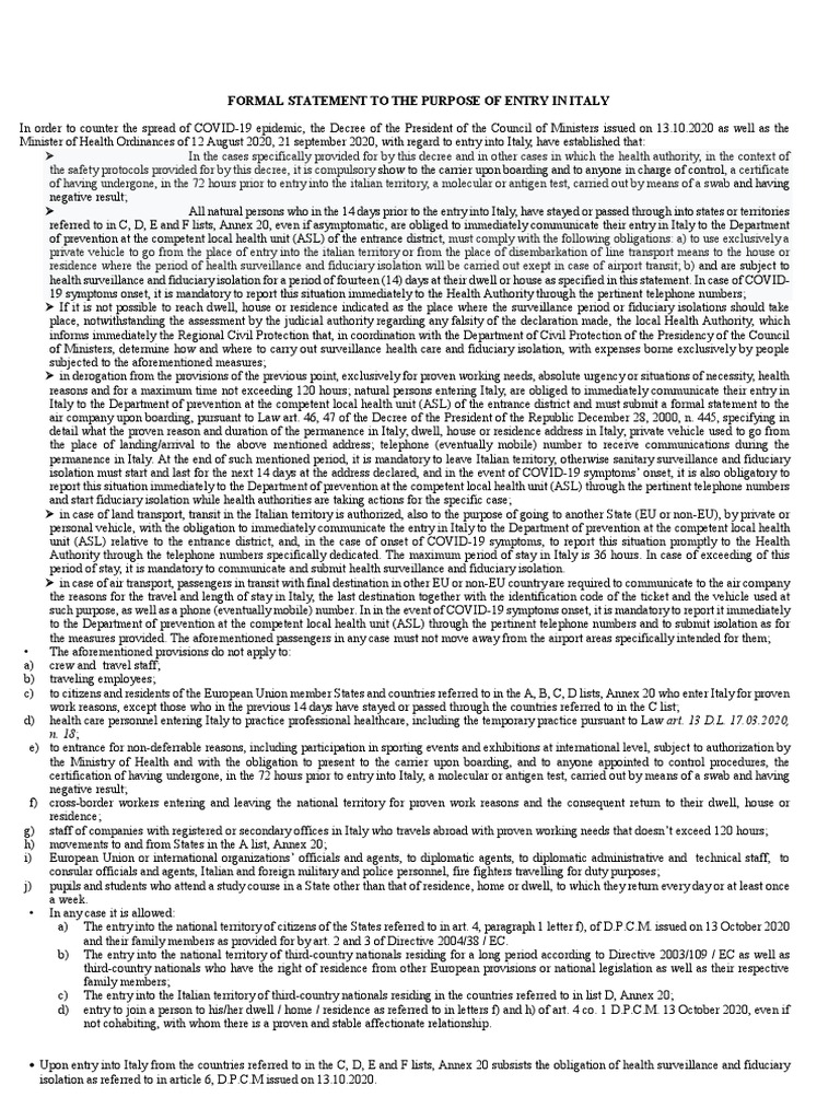 Italy COVID-19 Entry Requirements | PDF | European Union | Social ...