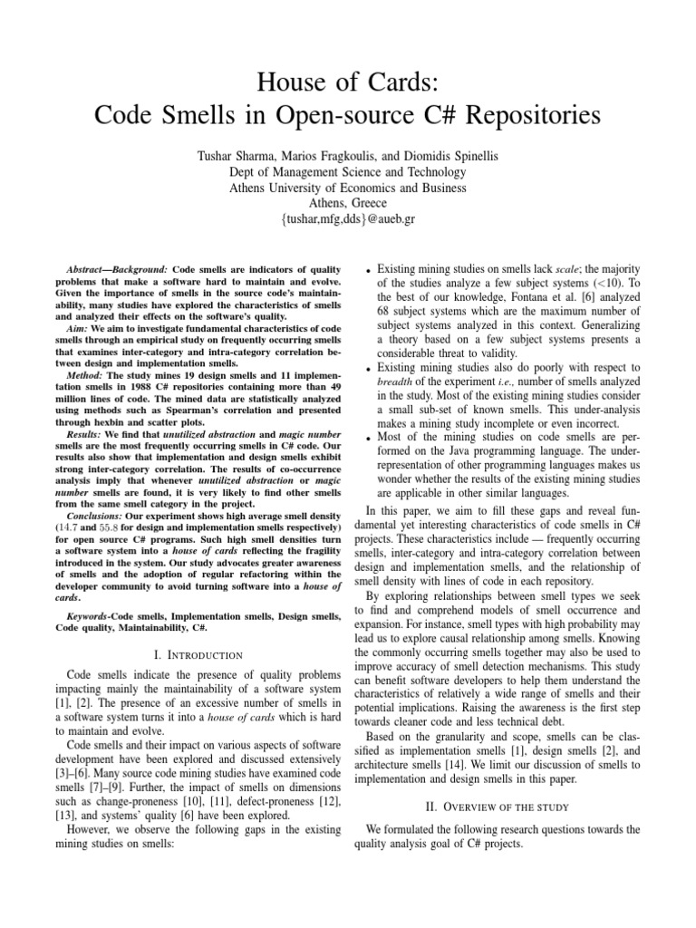 House of Cards Code Smells in OpenSource C Repositories PDF C