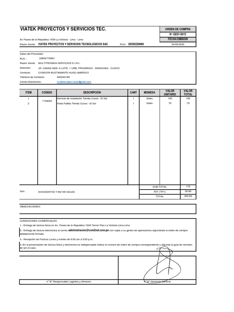 Orden de Compra Multitronika Servicios | PDF | Industrias de servicio ...
