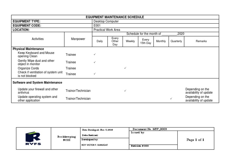 RVFS Equipment Maintenance Schedule PDF Computer Science