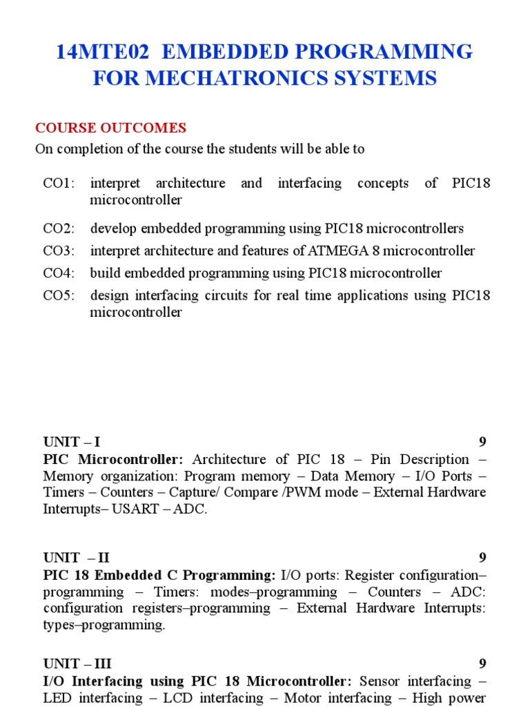 14mte02 Embedded Programming For Mechatronics Systems: Course Outcomes ...