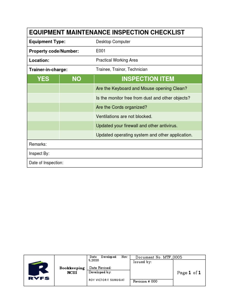 RVFS Equipment Maintenance Inspection Checklist PDF