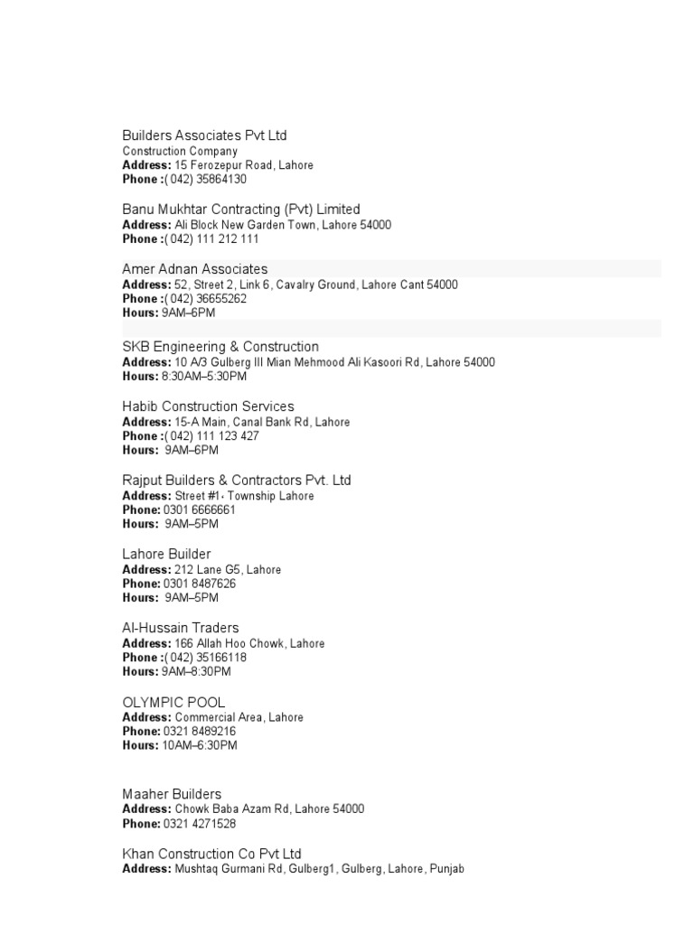 Consultants & Contractors Firms in Lahore PDF Lahore Business