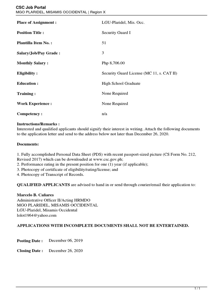 Security Guard I Position in Plaridel | PDF | Business