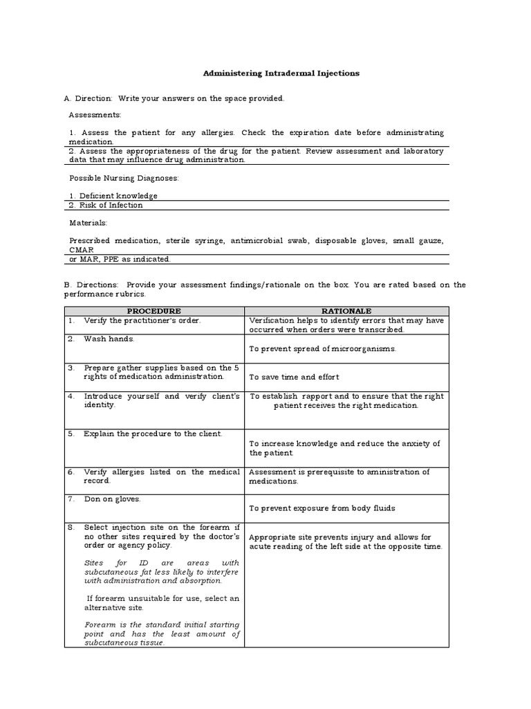 Administering Intradermal Injection | PDF | Injection (Medicine) | Skin