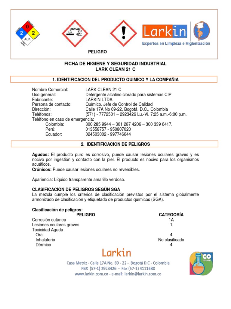 Ficha de Seguridad Lark Clean 21 C | PDF | Toxicología | Agua
