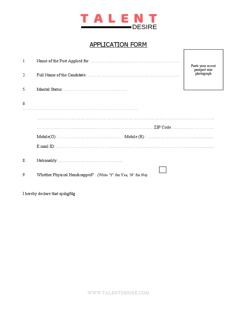 Application Form: (Write Y' For Yes, N' For No) | PDF