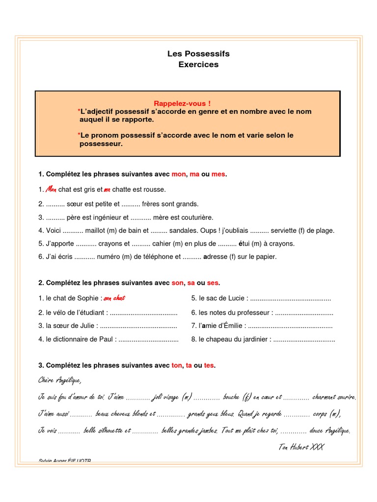 Exercices Sur Les Déterminants Et Les Pronoms 5ème Pdf 6 Les - Possessifs - Exercices - Et - Corrige PDF | PDF