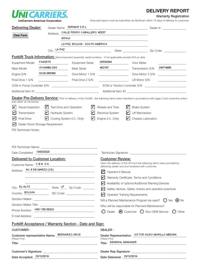 Delivery Report: Delivering Dealer | PDF | Forklift | Transmission ...