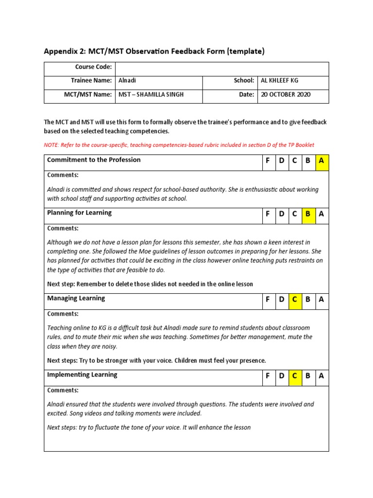 MCT/MST Observation Feedback Template | PDF | Educational Psychology ...